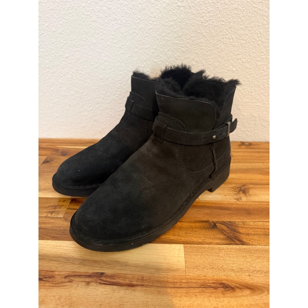 UGG Elisa Black Suede Leather Shearling‎ Ankle Boots Buckle Strap Women's 8